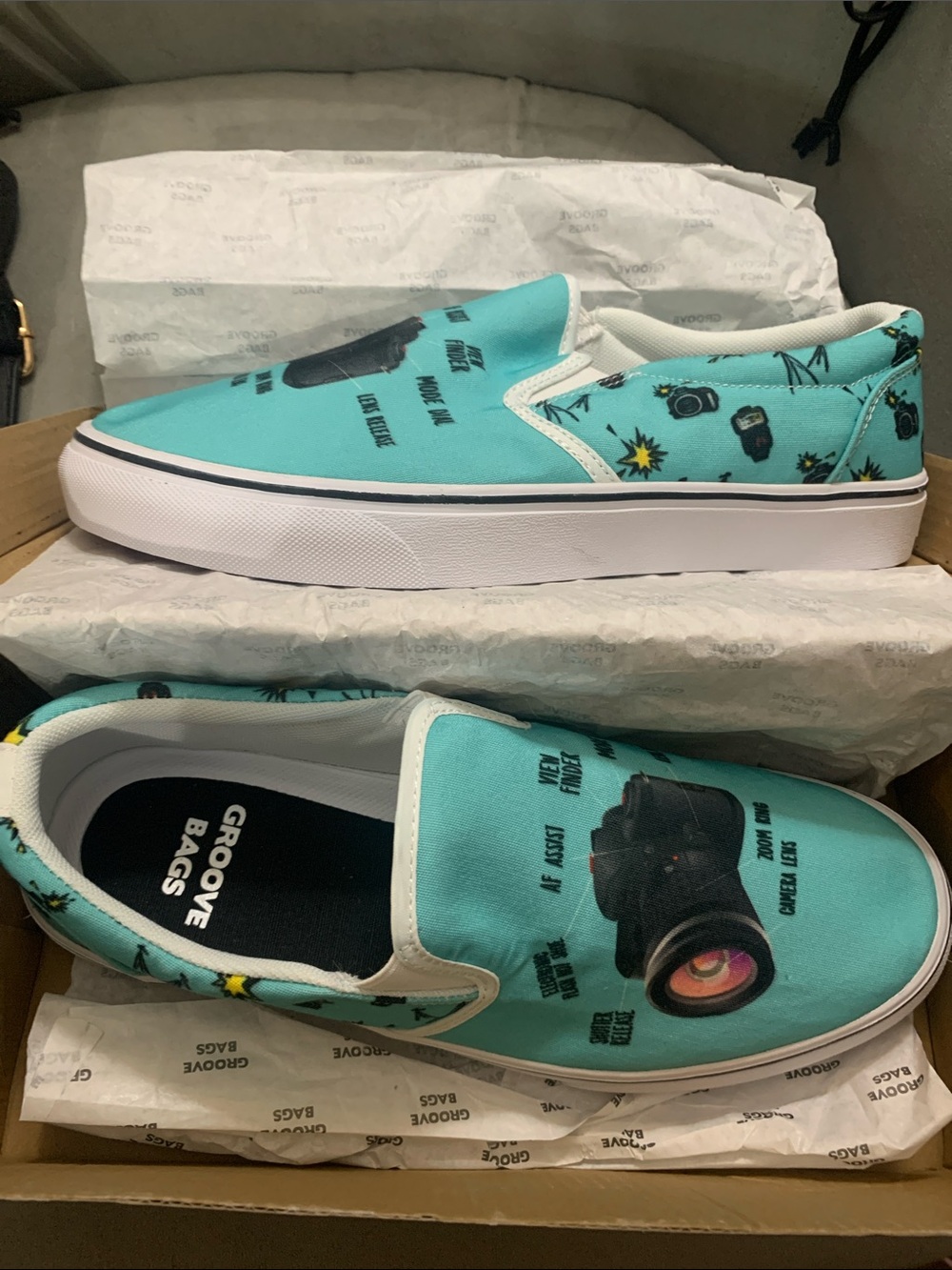 groove Teal Slip-On Kids Sneakers with Camera Print